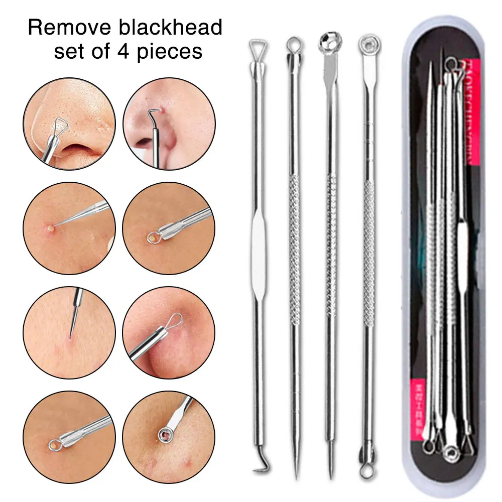 

4PCS Blackhead Cleaner Black Dot Spots Pore Pimple Blackhead Remover Tool Needles Set For Squeezing Acne Blemish face Tool Spoon