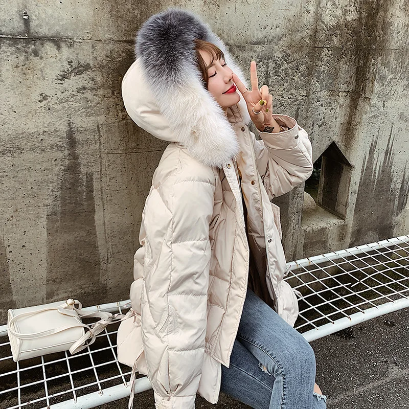 Autumn And Winter Down Jacket Women's Short-height Korean-style Loose-Fit Fox Fur Collar Pike off Season Mid-length White D