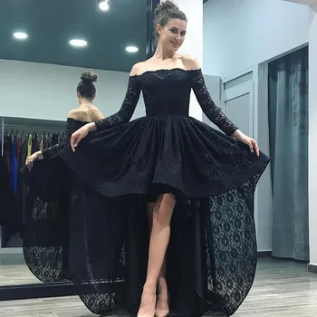 

Black Prom Dresses A-line Long Sleeves Lace High Low Long Prom Gown Evening Dresses Evening Gown