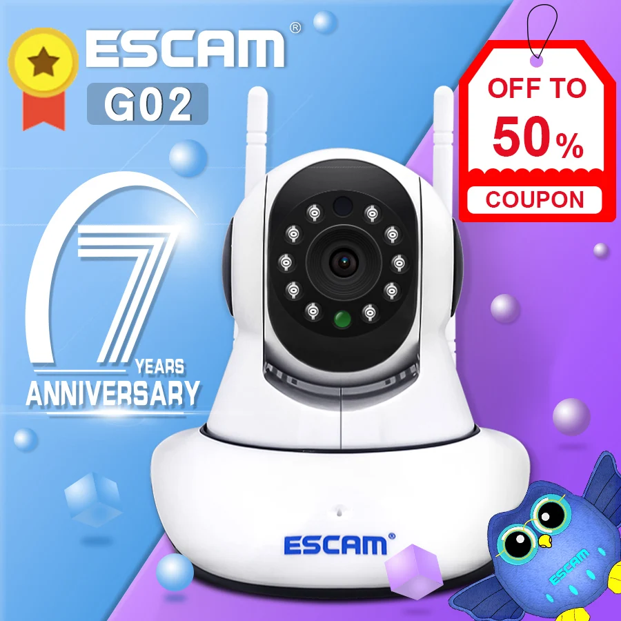 

ESCAM G02 720P Wireless WIFI IP Camera Home Security Pan/Tilt Camera w/ Night Vision Two-way Audio For Baby Elder Pet