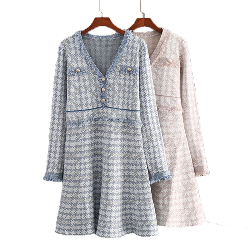 

PERHAPS U blue apricot knitted Houndstooth v neck long sleeve empire mini short dress elegant autumn D2045