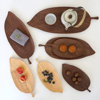 

Walnut Leaf Wood Pan Plate Fruit Dishes Saucer Tea Tray Dessert Dinner Bread Leaf Pattern Plate Storage Trays