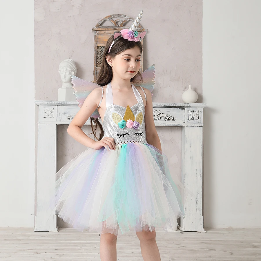 Sequin Unicorn Flower Girls Tutu Dress Pastel Rainbow Pony Dress Kids Halloween Birthday Party Carnival Costume Unicorn Outfit (8)