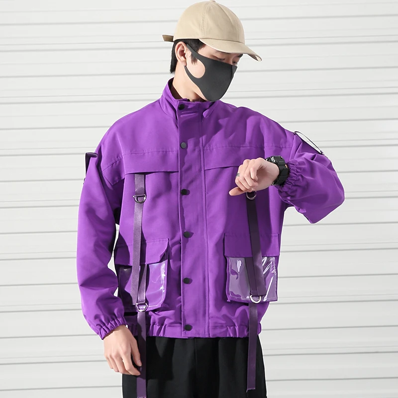 Новое поступление мужской модный мужской комбинезон куртка с лентами и карманами Свободное пальто в стиле хип-хоп Уличная пара ветровка M-5XL