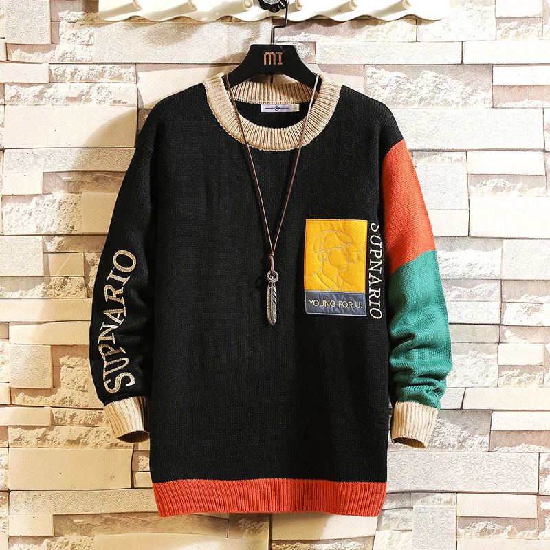 

2020 New Sweaters Men'S Black Patchwork Long Sleeves Autumn Winter Pullover Knitted O-Neck Plus OverSize 5XL