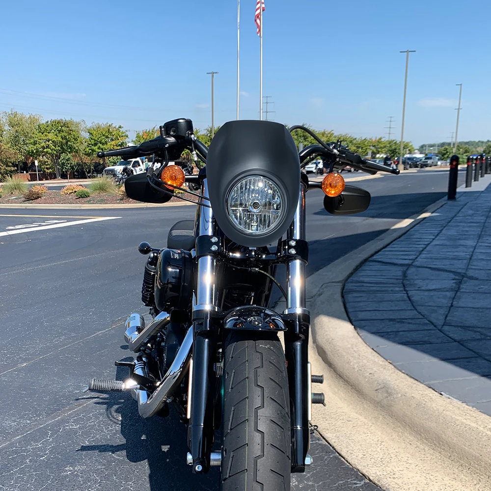 

KEMIMOTO Motorcycle Black Headlight Fairing For 883 1200 Front Fork Mount Dyna Sportster XLCH Bright/Matte Black Steel Mounting