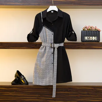 

Elegant Shirt Dress Plus Size Women 2020 Summer Lace Patchwork Plaid Mini Dress British Casual Vintage Dress With Belt L-4XL