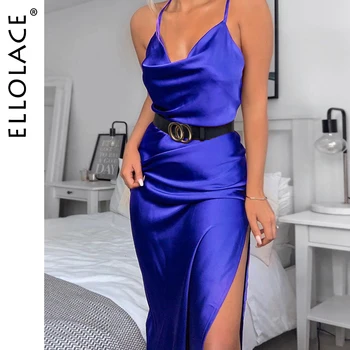 

Ellolace Elegant Sexy Sertin Party Dress Women Sleeveless Solid Hip Slit Silk Dresses Spaghetti Slim Club Femlae New Clothes