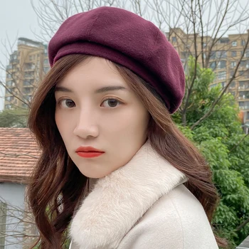 

HT2912 Women Berets Autumn Winter Hat Ladies Solid Wool Beret Hat Vintage Artist Painter Hat Female Retro Octagonal Hat Berets