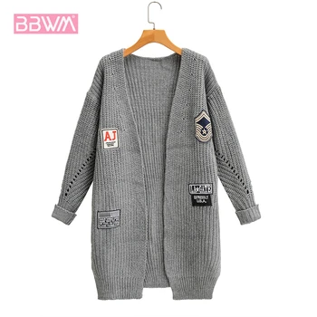 

V-neck Women's Long Sleeve Pure Color Applique Embroidered Knit Cardigan Korean Style Long Fashionable Female Sweater