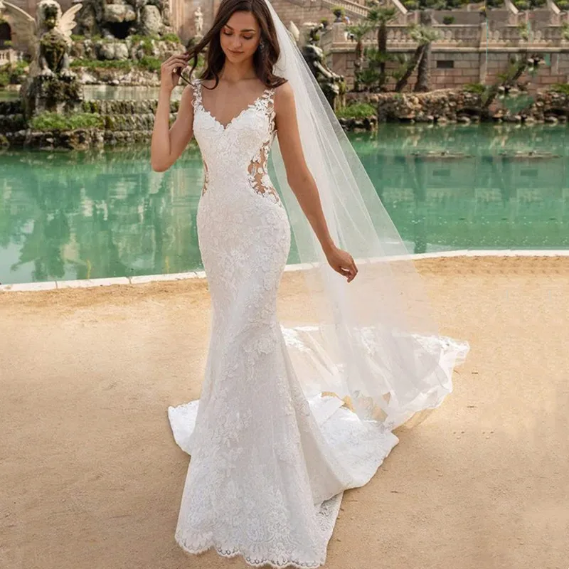 Sexy V-Neck Wedding Dress Mermaid Lace 2022 Illusion Sleeveless Wedding Gown With Train Backless Vestido De Noiva blue wedding dress Wedding Dresses