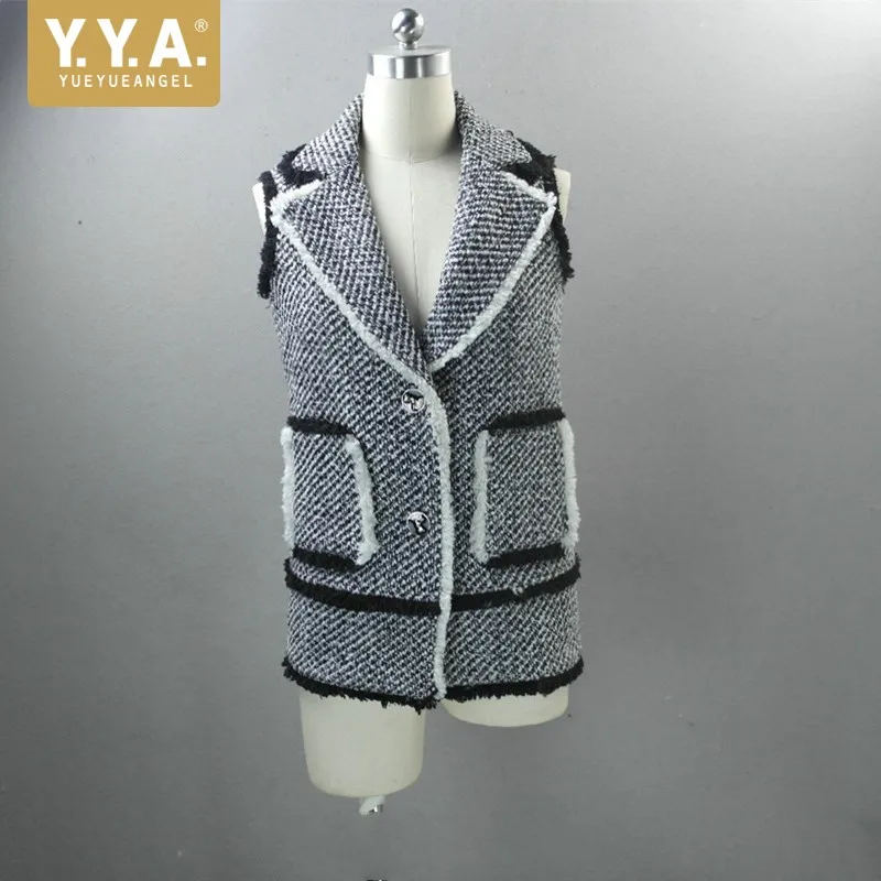 

Gray Tweed Sleeveless Jacket Custom Spring Autumn New Womens Tweed Jacket Ladies Straight Slim Fit Vest Tassels Suits Waistcoat
