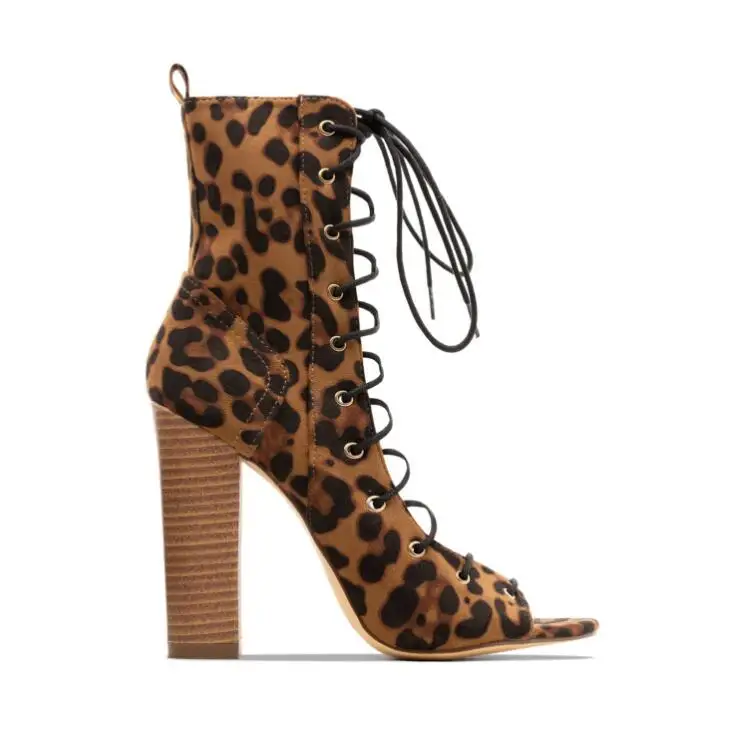 Sandalias Mujer; коллекция года; сезон весна; леопардовые ботинки в римском стиле на шнуровке; уличные повседневные сандалии на толстом каблуке; большие размеры