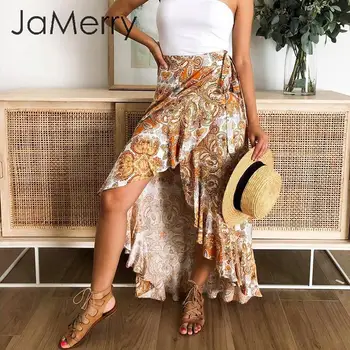 

JaMerry Bohemian floral print long skirt Women ruffled split sexy female summer style skirt High waist bow tie ladies skirts
