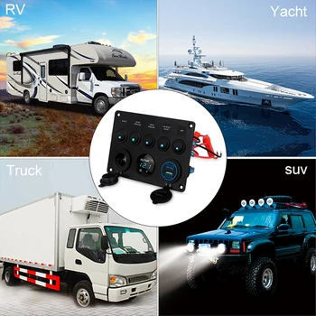 

5 Gang Car Marine Boat LED Waterproof Rocker Switch Panel Circuit Digital Voltmeter Dual USB Port 12V Outlet Car Ship Yacht