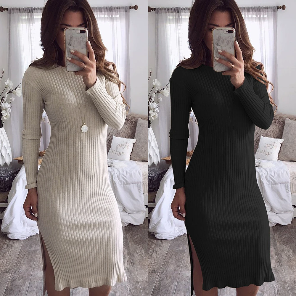 2019 Women's Sexy Autumn Winter Dress Solid Color Long Sleeve Dresses ...