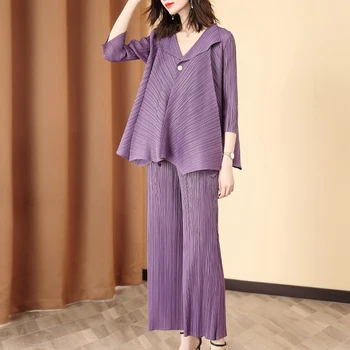 

Plus Size Pant Suits 2020 Spring Women's Elastic Loose Miyake Pleated Solid Color 2 Piece Set Single Button Coat +Wide Leg Pants