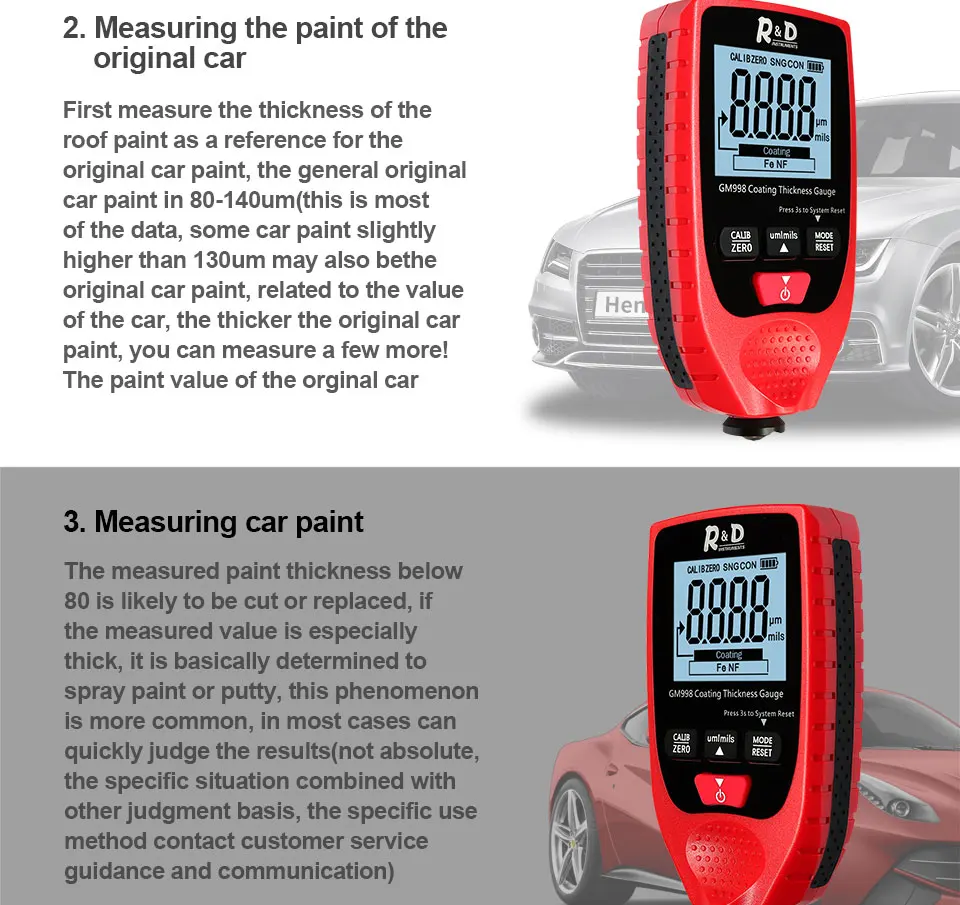 R& D автомобильная краска покрытие толщиномер из металла с гальваническим покрытием толщина тестер метр 0-1500um Fe& NFe зонд GM998 красный
