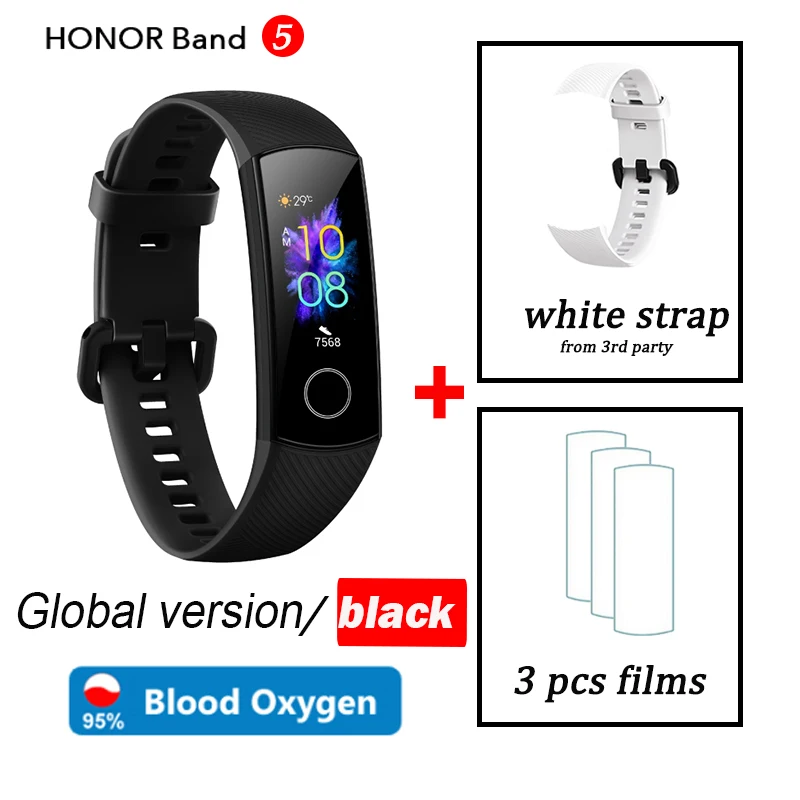 black global white Кровяный кислород honor band 5 Смарт-браслет AMOLED Huawe honor умные часы пульсометр фитнес сон Плавание Спорт трекер - Цвет: black global white