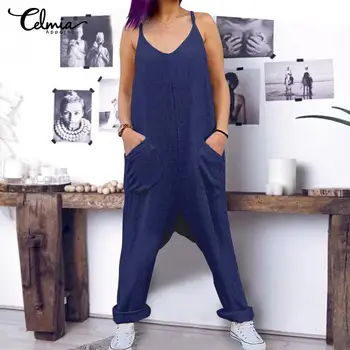 

Celmia Women Fashion Solid Jumpsuits Summer Rompers Sleeveless V-neck Playsuits Plus Size Overalls Casual Drop Crotch Pant S-5XL