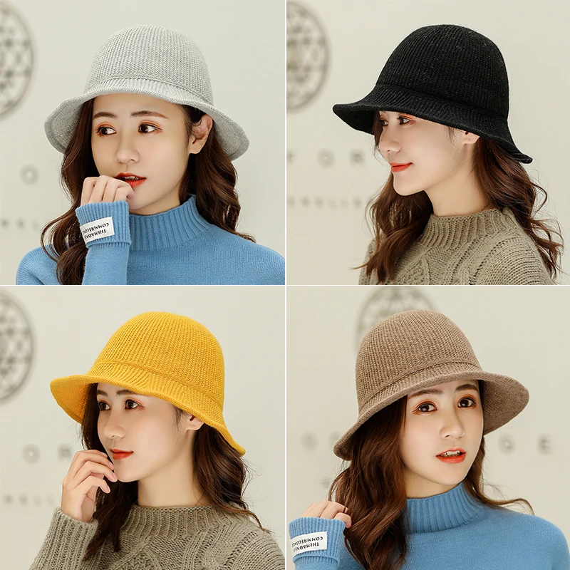 Sparsil Women Winter Knitted Bucket Hat Foldable Warm Wool Dome Caps Outdoor Fishman Hats Autumn Street Wear Korea Beanies Lady