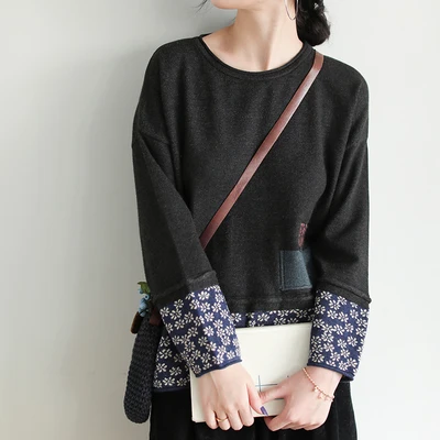Women Pullover Sweaters Patchwork Print Floral Long Sleeve Autumn New Vintage Women Cloths Soft O-Neck Sweaters - Цвет: Черный