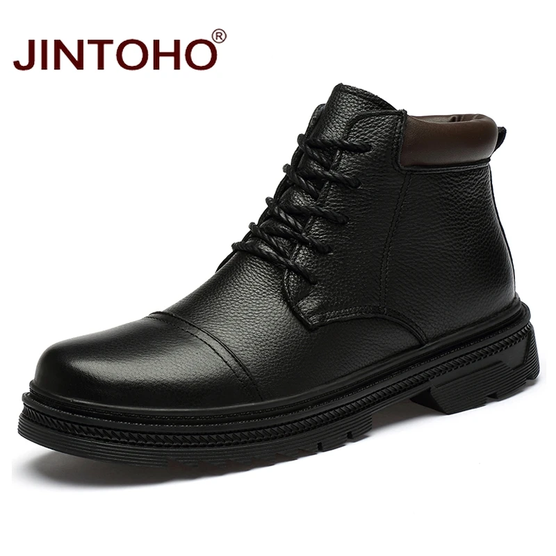 JINTOHO/зимняя мужская обувь из натуральной кожи; модные мужские кожаные ботинки; черные мужские Ботильоны; теплая зимняя обувь; зимняя обувь для работы