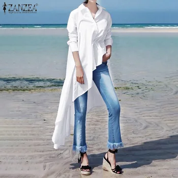 

Spring Solid Asymmetrical Shirts ZANZEA Fashion High Low Blouse Women Lapel Long Sleeve Party Tunic Tops Female Blusas Chemise 7