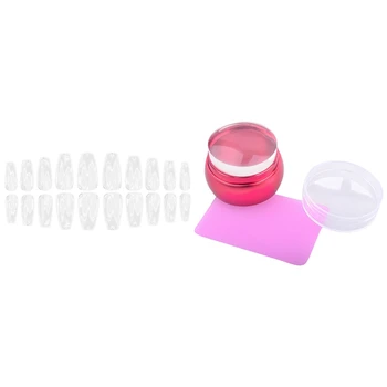 

1Set Chessman Shape Nail Stamping Stamper Pink Transparent Silicone & 500x Acrylic False Nail Tips, 10 Sizes-Transparent
