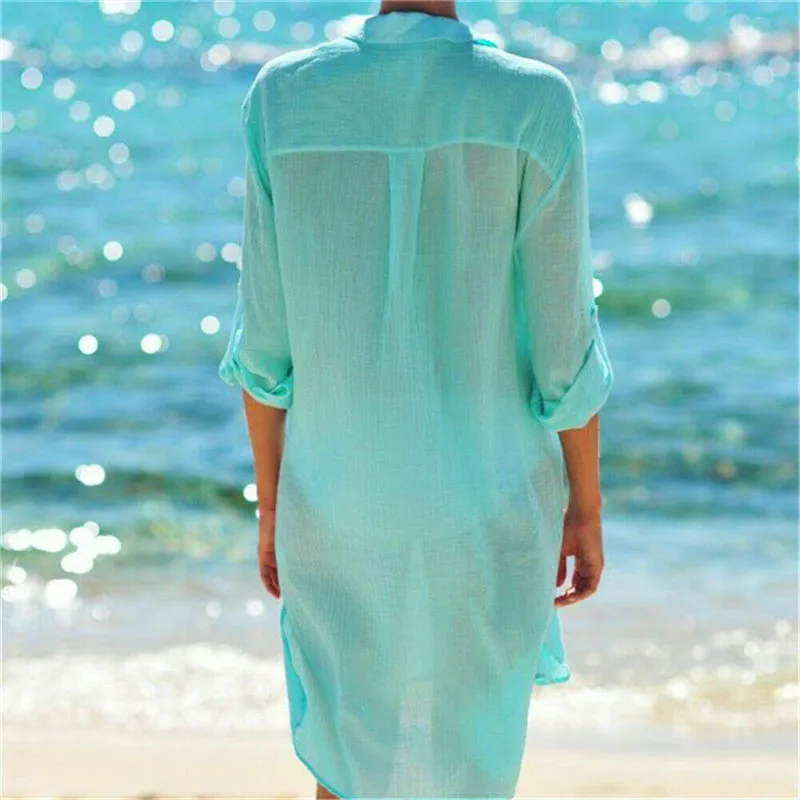 Женский купальник, Повседневная Блузка с длинными рукавами, женская летняя сумка для пляжа, платье-рубашка, Одноцветный купальный костюм-накидка, пляжная одежда