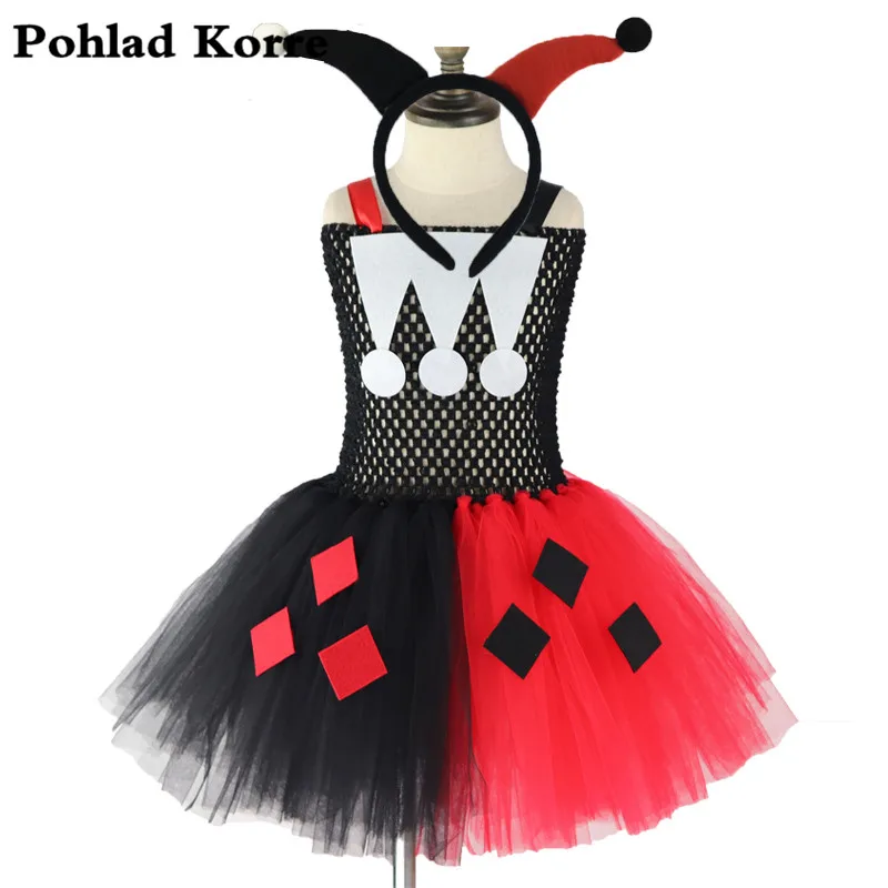 Клоун Харли Куинн платье-пачка для девочек с повязкой на голову Детский костюм для костюмированной вечеринки на Хэллоуин и Рождество Детские праздничные платья для девочек XX