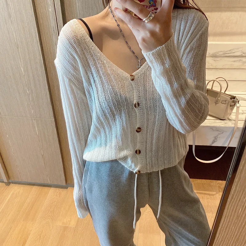 

knitted sweaters cheap Spring cardigan new women Korean version v-neck cardigan coat knit casual sweater Single Breasted Solid
