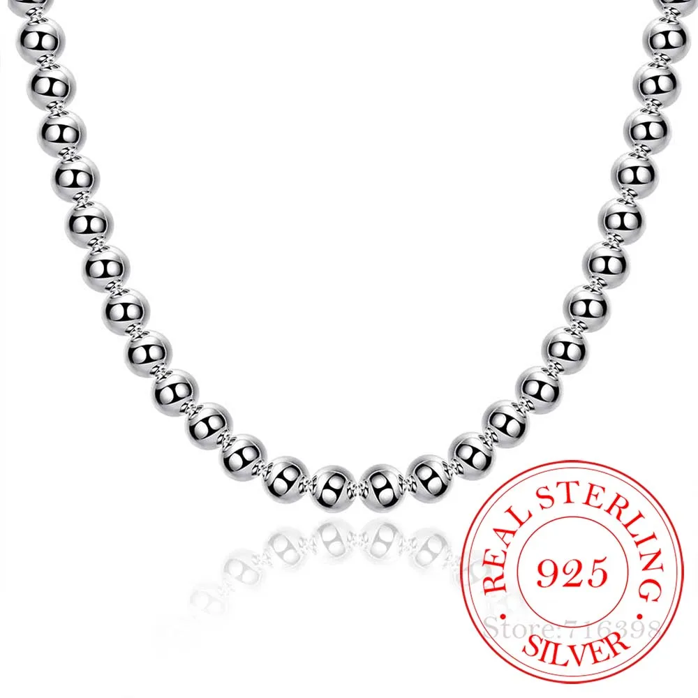 Collar de cadena de cuentas lisas para mujer, de Plata de Ley 925, 4mm/8mm/10mm, joyería de compromiso para boda, envío directo