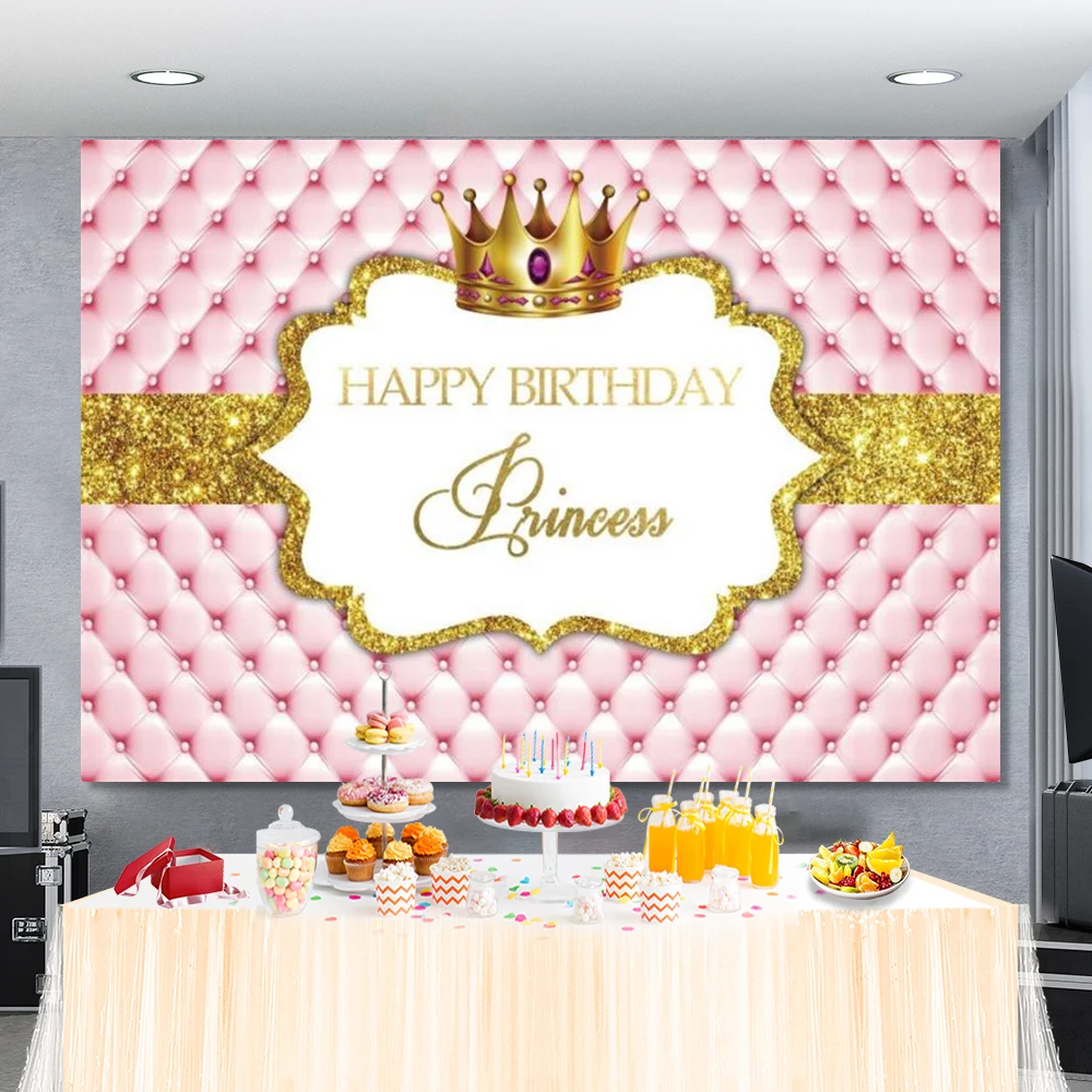 Photography Backdrop Princess Pink Gold Crown Headboard Sofa Happy Birthday Party Poster Portrait Photo Background Photo Studio photo backdrop