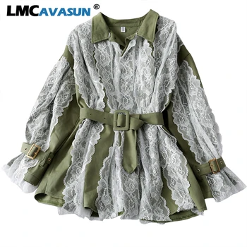 

LMCAVASUN Elegant Mesh Patchwork Hook Flower Dress High Waist Hip Sashes Vestido Turn Down Collar Flare Long Sleeve Ropa