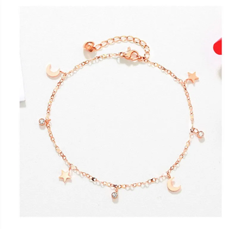 Hot sale S925 rose gold anklet Japanese and Korean version of women's white copper jewelry stars moon | Украшения и