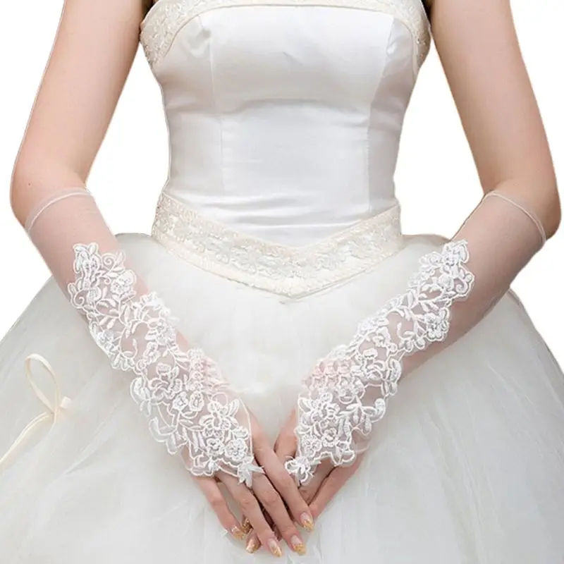 Женские перчатки без пальцев из прозрачной сетки с цветочной вышивкой, кружевные свадебные варежки для невесты