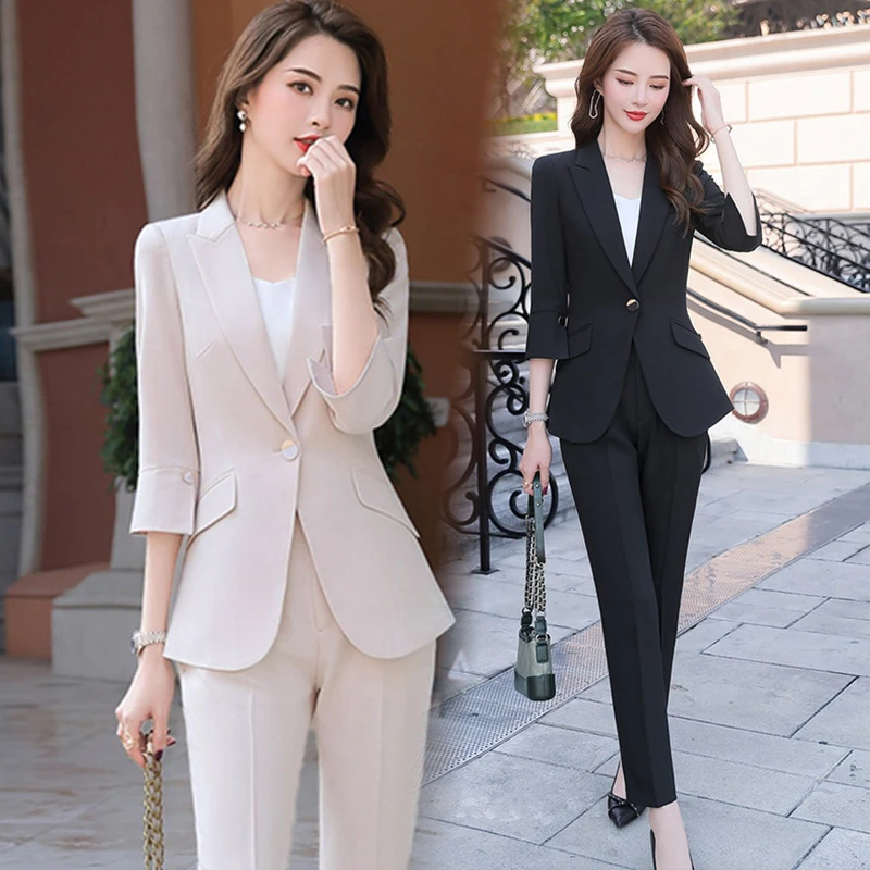 Conjunto de traje elegante para mujer, y pantalón, uniforme de negocios, Tops y blusas, color negro y albaricoque, 2021|Trajes de - AliExpress