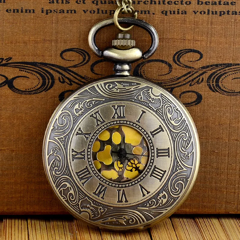 

Retro Bronze Roman Numerals Hollow Quartz Pocket Watch Chains Antique Men Gold Dial Pendant Necklace Clock Father's Day Gift