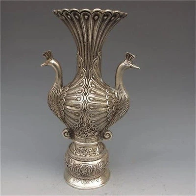 

Chinese Silver Bronze Handwork 2 Peacock Shape Vases w Ming Dynasty XuanDe Mark