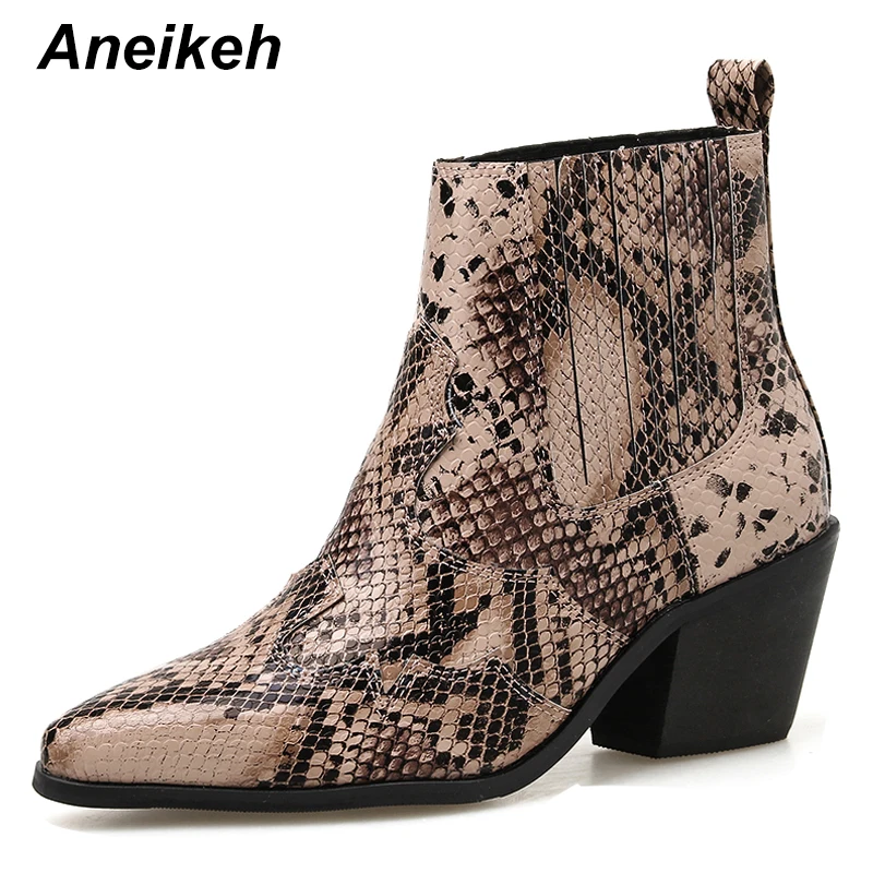 

Aneikeh 2020 Leopard Cossacks Chelsea Boots Pointed Toe Slip-On Riding Women's Boots Dance Square Heel Heel Shoes Size 35-40