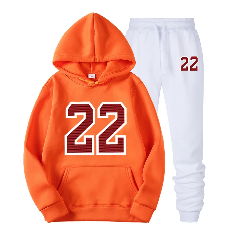 Новая спортивная мужская толстовка с капюшоном, белая спортивная одежда, шерстяной свитер, 22 полосатые спортивные штаны, уличная одежда - Цвет: Orange