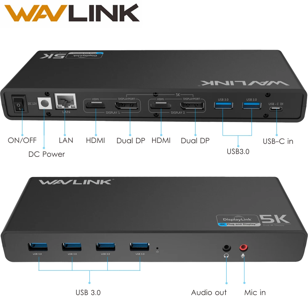WAVLINK UNIVERSAL ULTRA 5K DOCKING STATION USB-C DUAL DISPLAY USB3.0 VIDEO AUDIO OUTPUT SUPPORT HDM