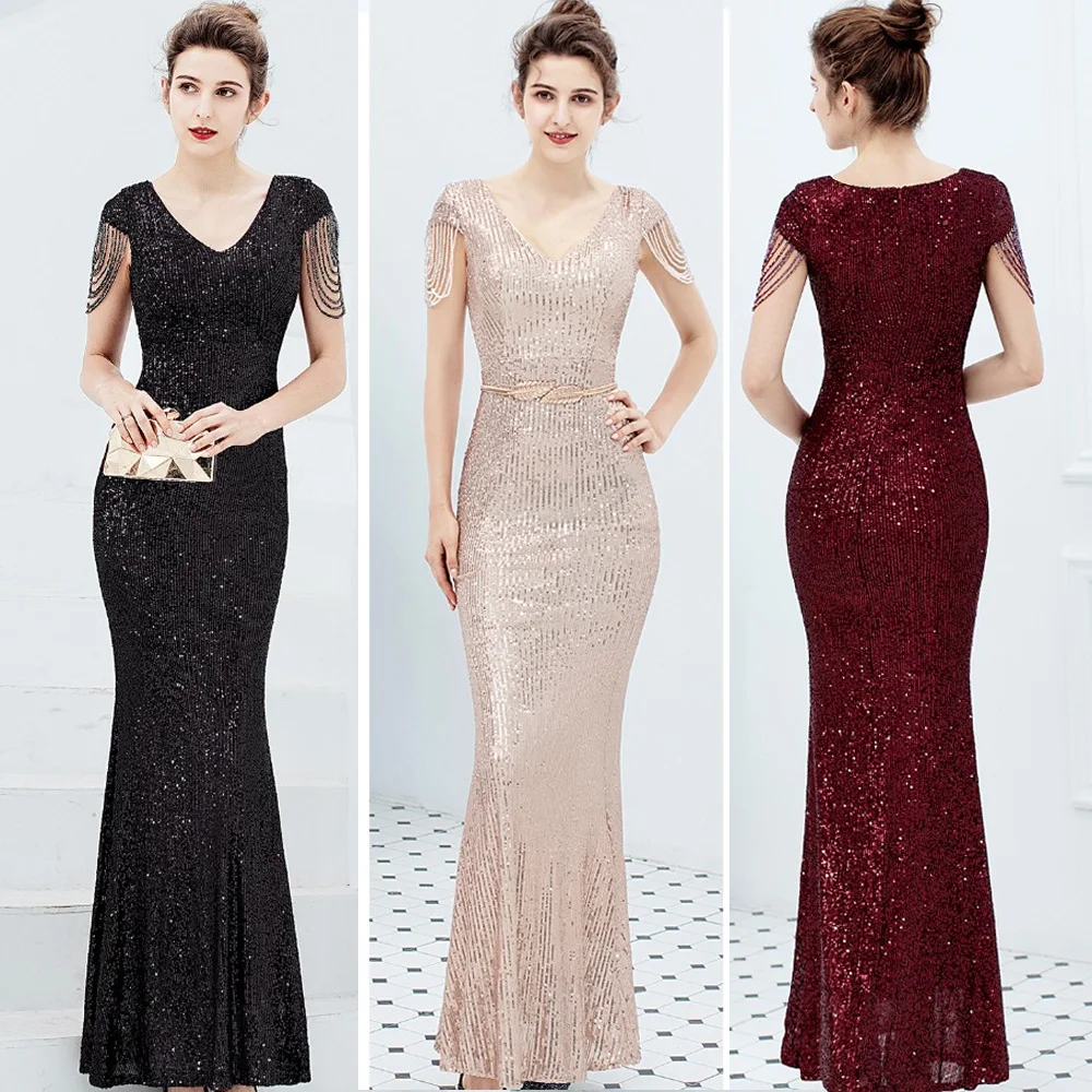 

Formal Celebrity High quality Women Sequin Maxi Dress Elegant Sexy v Neck Bodycon long Club Evening Party Dress Gowns Robe
