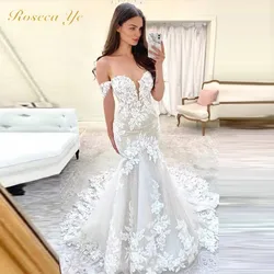 Roseca Ye Mermaid Ivory Wedding Dress For France Women Off The Shoulder Trumpet Lace Spring Bridal Gown Sweep Train 2022 New