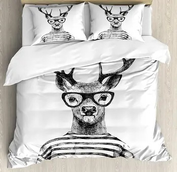 

Deer Duvet Cover Set Dressed up Reindeer Headed Human Hipster Style Bedding Set with Pillow Sham Queen Size Charcoal Grey White