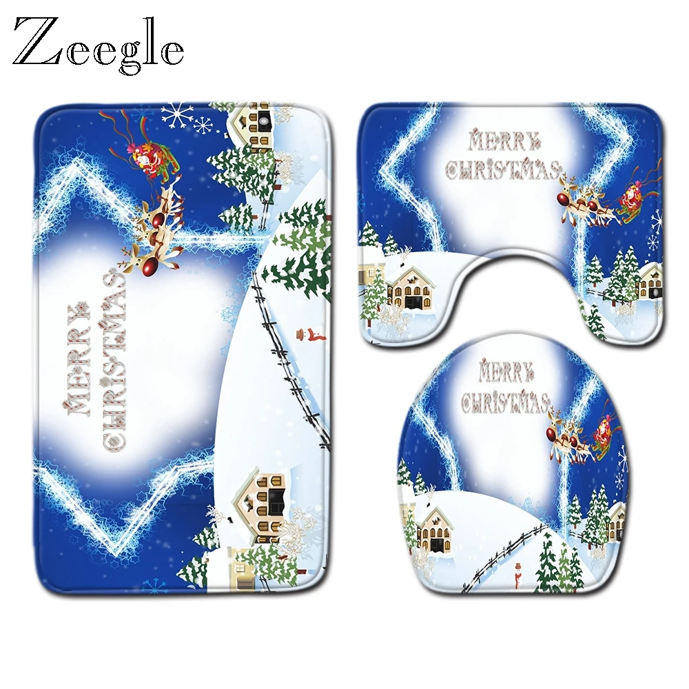 Zeegle Christmas Bath Mat Set Lid Toilet Cover Mat Flannel Anti Slip Shower Carpet Shower Room Rug Floor Mat Bath Accessories