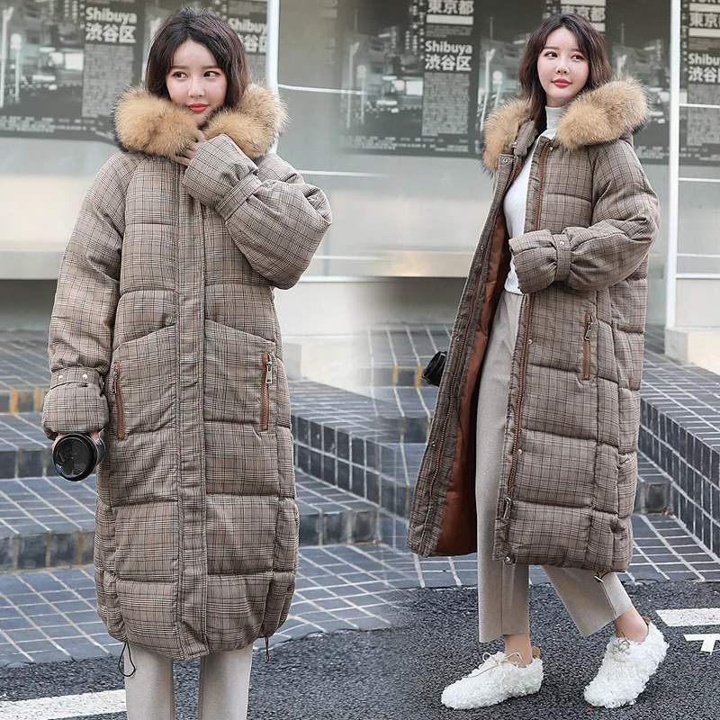 Модный женский пуховик, длинный стиль, зима, новая Корейская версия, толстый плед, большой воротник, Студенческая хлопковая куртка