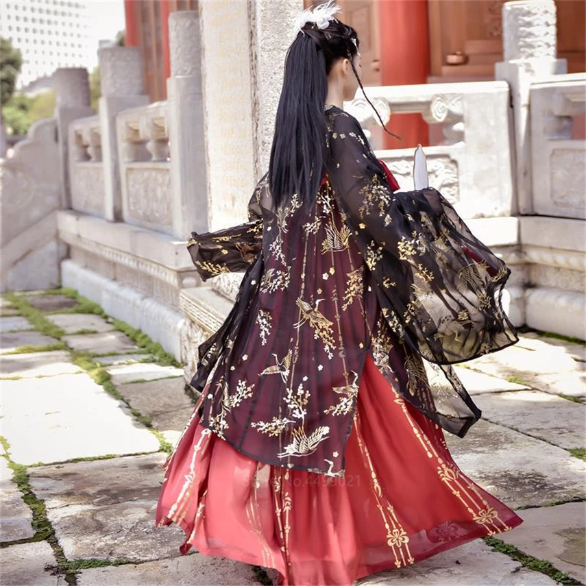Старинное нарядное традиционное торжественное платье принцессы Hanfu для женщин и девочек; комплект из топа с принтом золотого журавля и красной юбки в стиле ретро для народных танцев