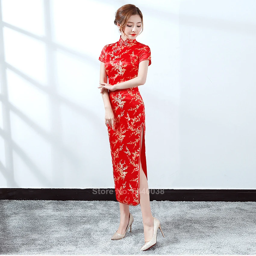 Китайский стиль традиционная одежда Cheongsam Qipao для женщин Винтаж невесты Свадебные красный узор печатных атласное платье длинное Vestido